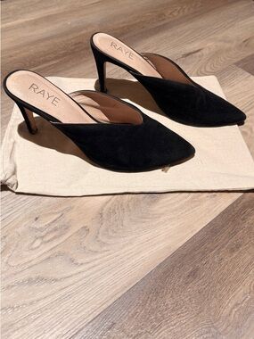 RAYE Black Faux Suede Pointed Mule Heels